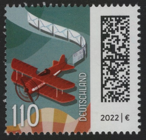 Nassklebende Briefmarke zu 1,10 Euro, Motiv Postflugzeug
