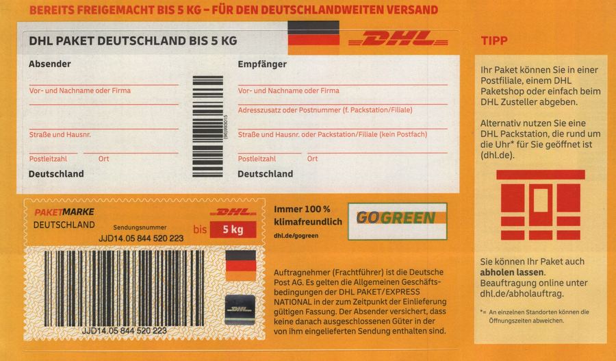 Bereits freigemachte DHL-Paketkarte bis 5 kg